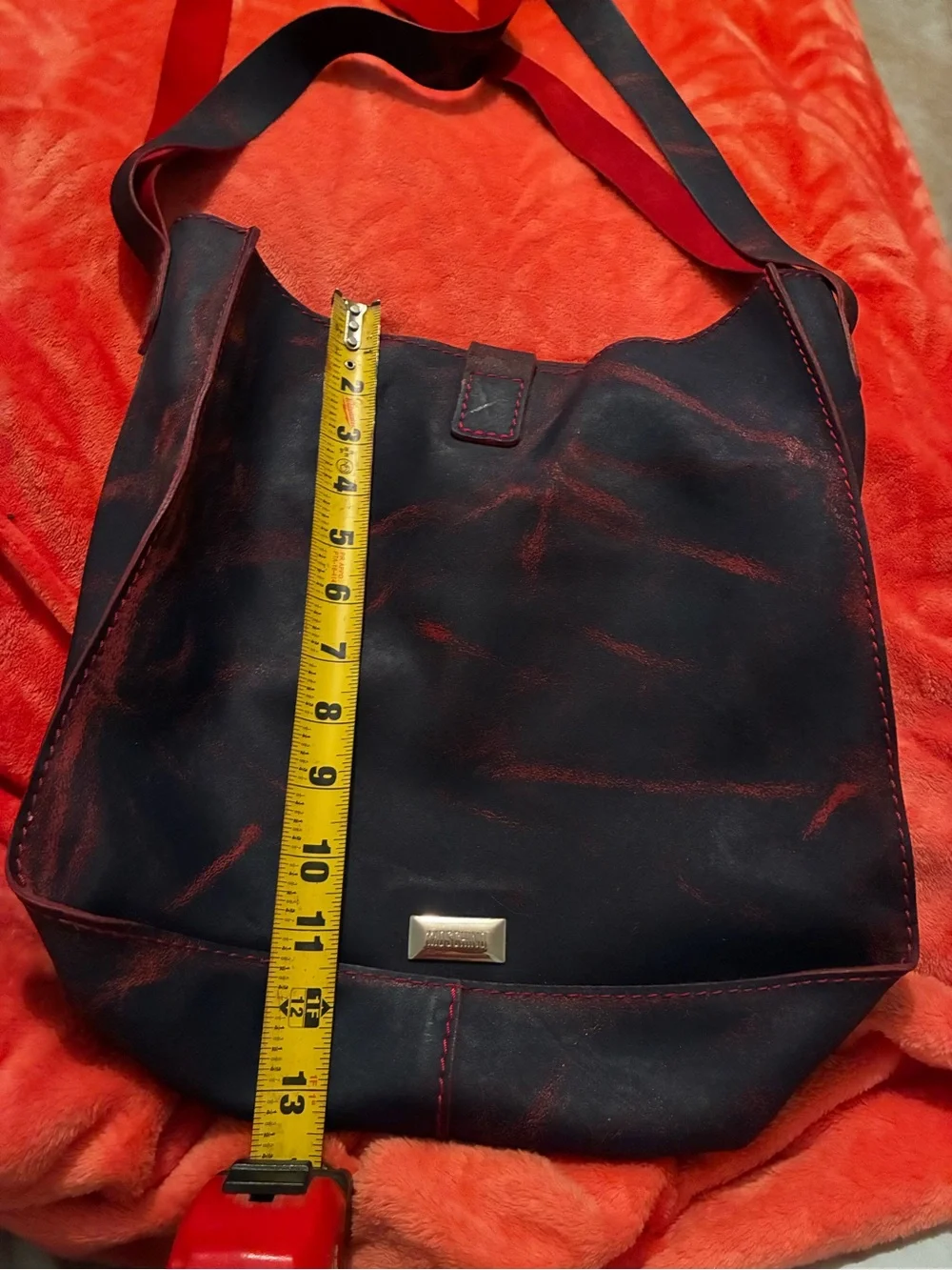 Moschino Black, blue red Leather Messenger Bag with Red Accents